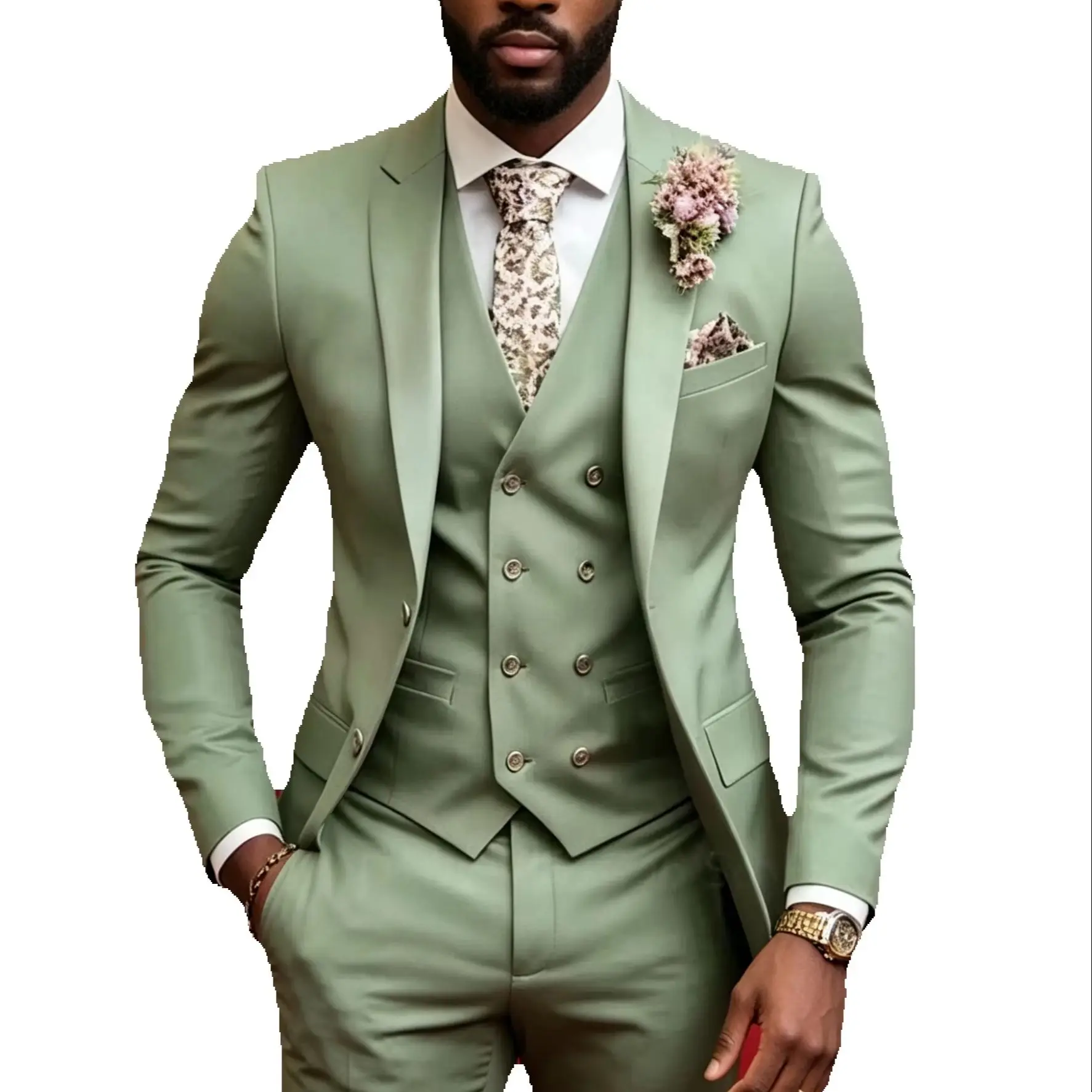 

Elegant Man Suit Matcha Green Men Suits Blazer Formal Notch Lapel Slim Fit Clothing High Quality 3 Piece Jacket Pants Vest