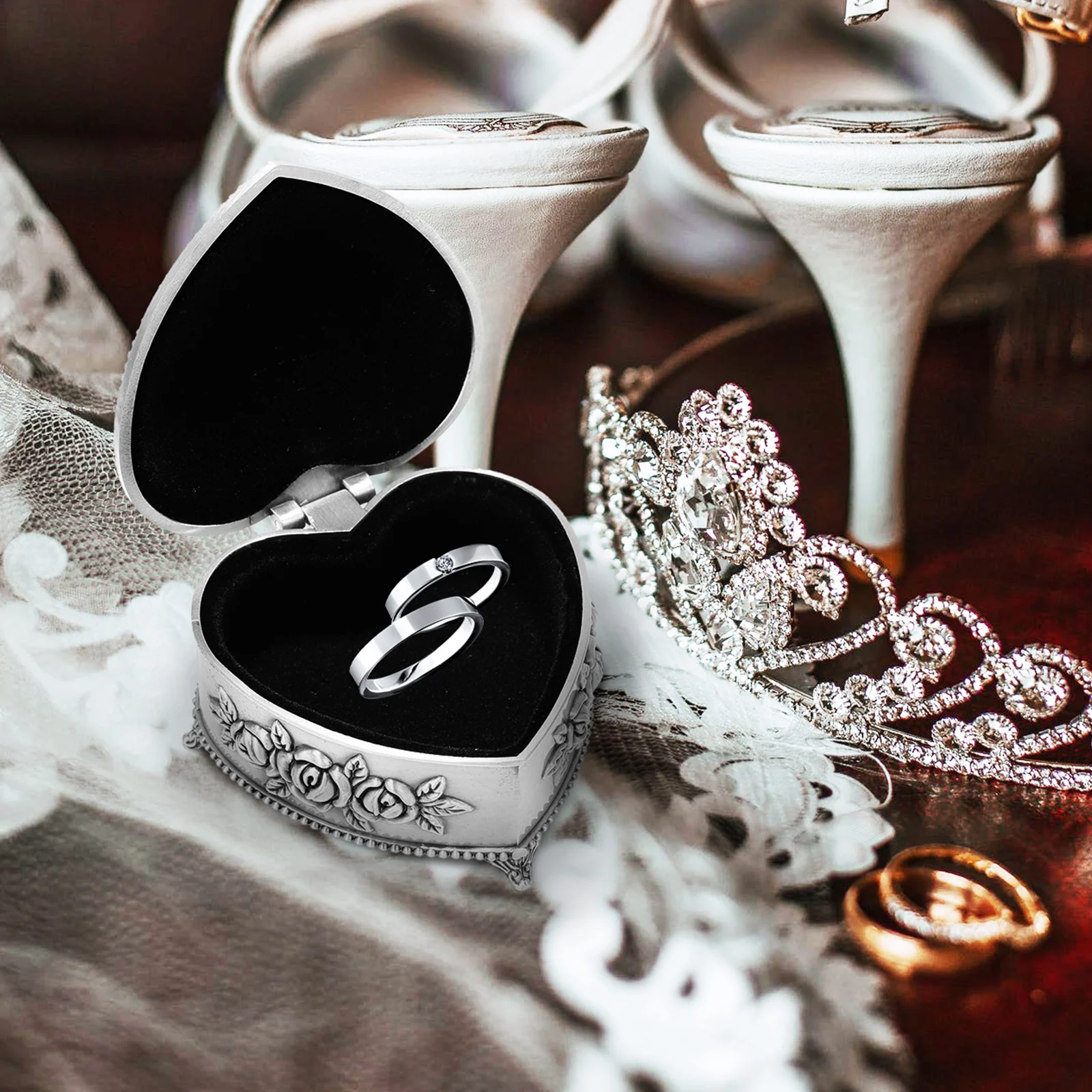 

Ретро сердце шкатулка для драгоценностей тиснение дизайн для колец ожерелье банка из сплава настольный декор практичный держатель