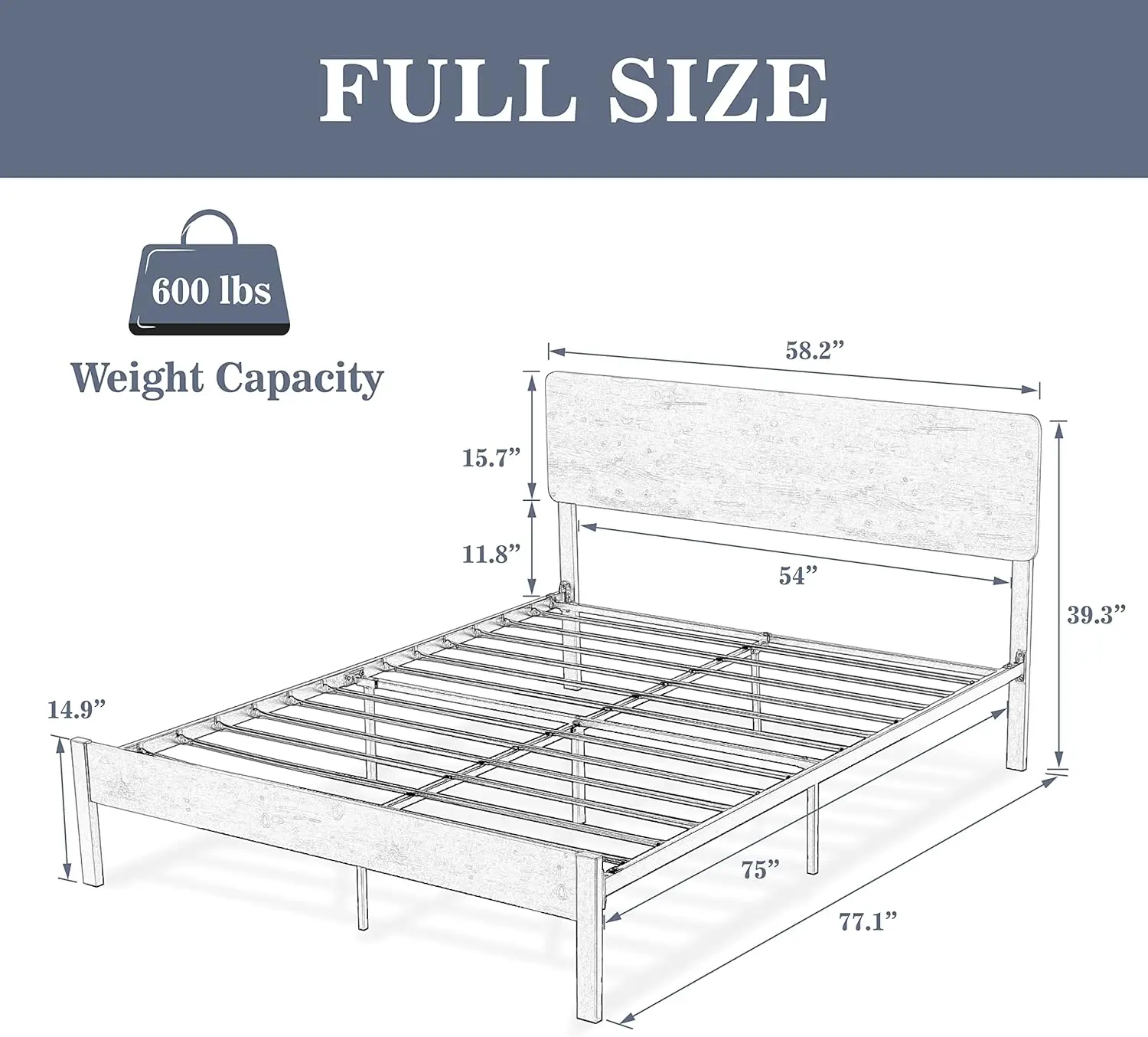 Full Size Platform Bed Frame with Wood headboard and Metal Slats/Rustic Country Style Mattress Foundation/Box Spring Optiona