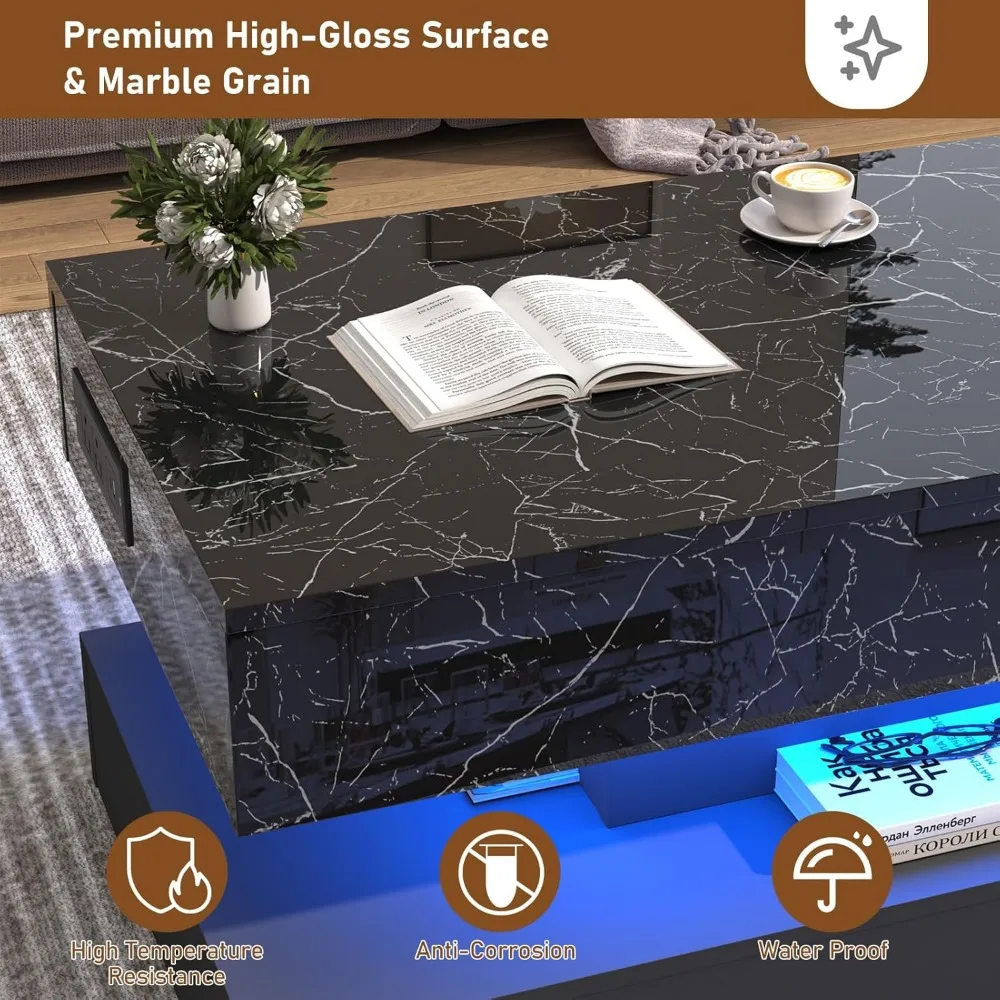 Modern LED-lit Lift Top Coffee Table with Charging Station and Hidden Storage, High Glossy Center Table for Contemporary Living