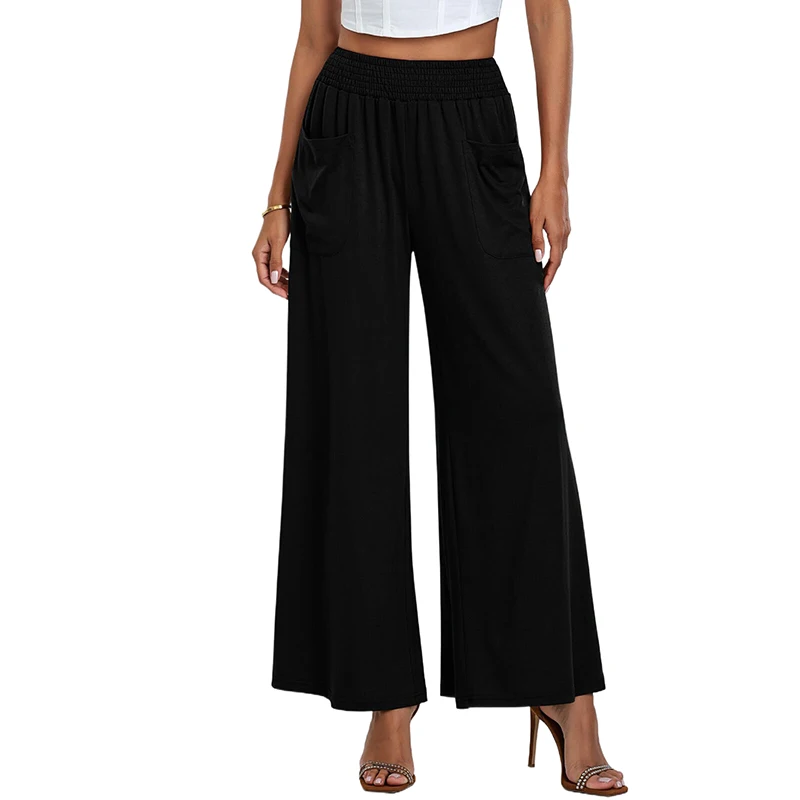 Wide Leg Pants For Women High Wasited Baggy Palazzo Pants Casual Pull On Bell Bottom Smocked Elastic Waist Pants