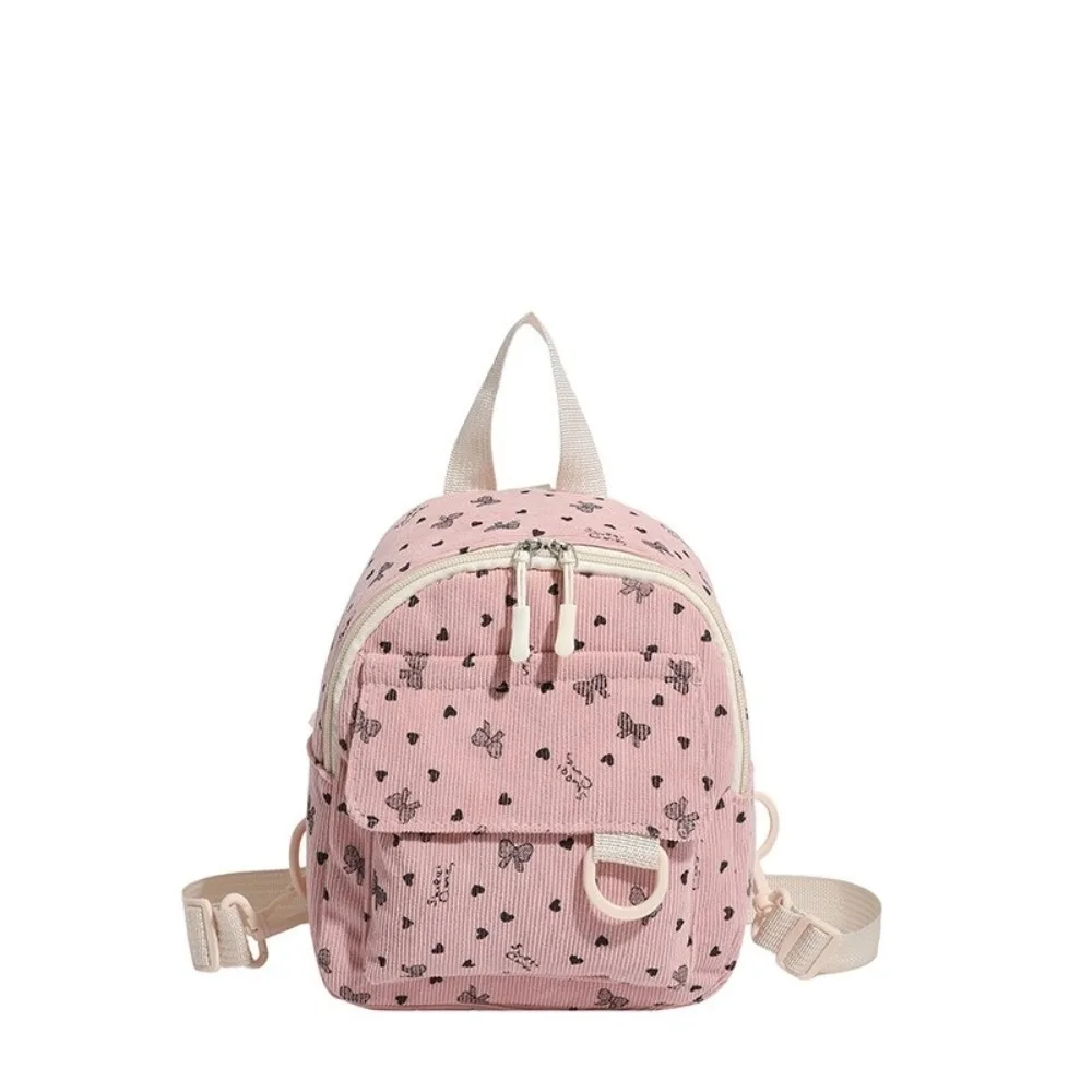 Sweet Corduroy Mini Backpack Lightweight Multi-compartment Casual Backpack Heart Bow Print Zippered Opening Rucksack Commute