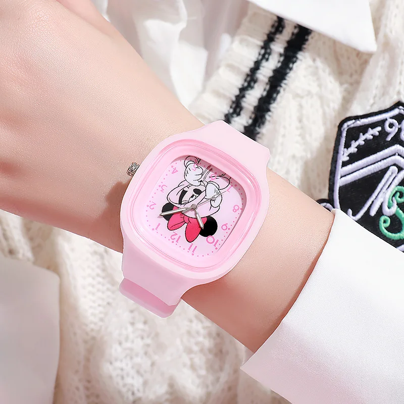Fashion Blue Mickey Children Watches for Boy Pink Large Square Dial Minnie Women Girls Watch for Kids Students Quartz Clock