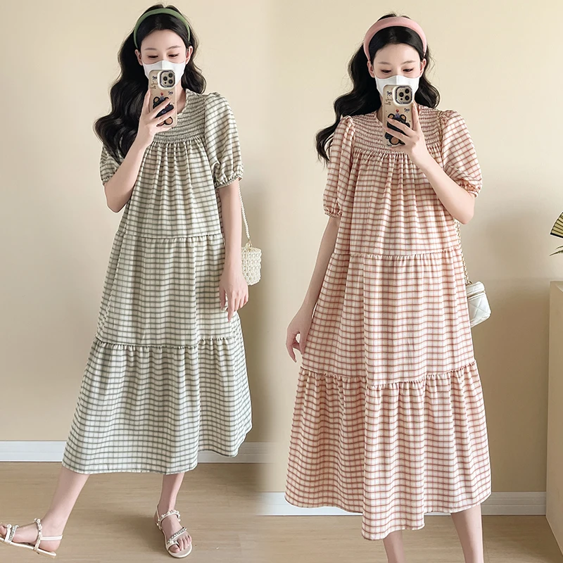 vestido-de-gala-a-cuadros-con-bloques-de-color-para-embarazadas-con-cinturon-verano-2026-vestido-de-maternidad-holgado-casual-con-manga-abullonada-y-cuello-redondo