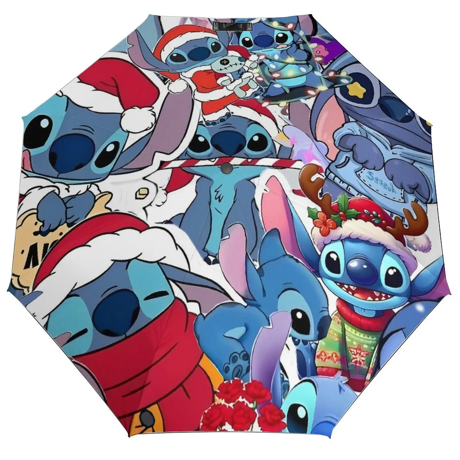 

8-Rib 3 Fold Auto Umbrella Wind Proof Sunshade Cute Cartoon Stitch Blue Comic Umbrella Outside Portable Reinforced Umbrellas