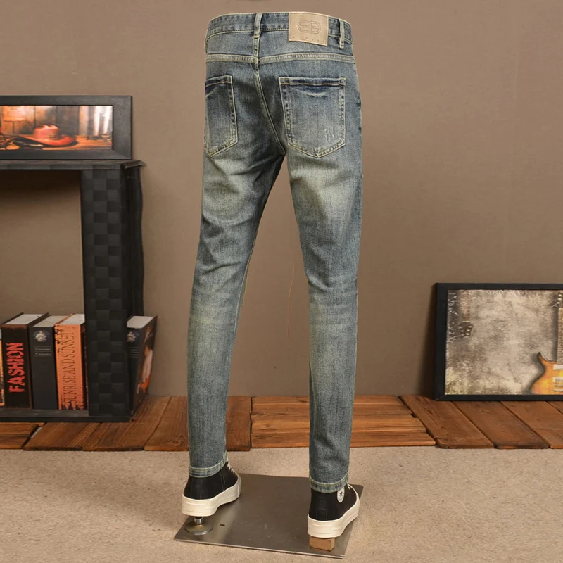 Street Fashion Men Jeans Retro Washed Blue Stretch Slim Fit Ripped Jeans Men Embroidery Patched Designer Hip Hop Denim Pants