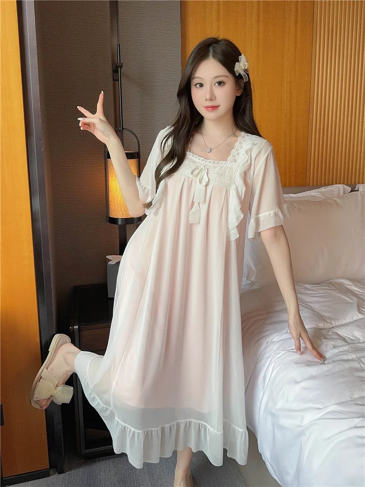 Summer Short Sleeve Mesh Sleep Dress Women's Cute Princess Style Home Wear Fairy Outfit Pure Color Home Clothes Floral Lace