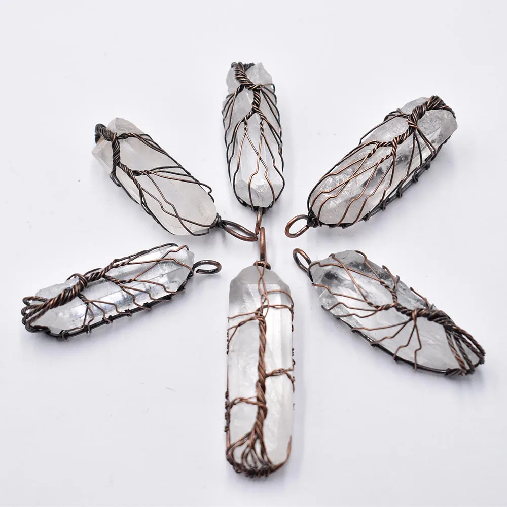 

Natural White Crystal Pillar Pendants Handmade Antique Copper Wire Wrapped Tree of Life Wholesale 6Pcs/Lot for Necklace Jewelry