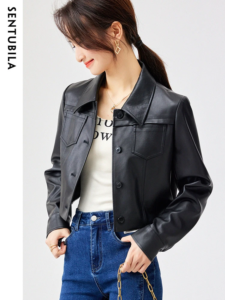 

SENTUBILA Pu Leather Jacket Women Autumn Vintage Fashion Cropped Motorbike Jackets Single Breasted Black Cool Coat Top 131W46984