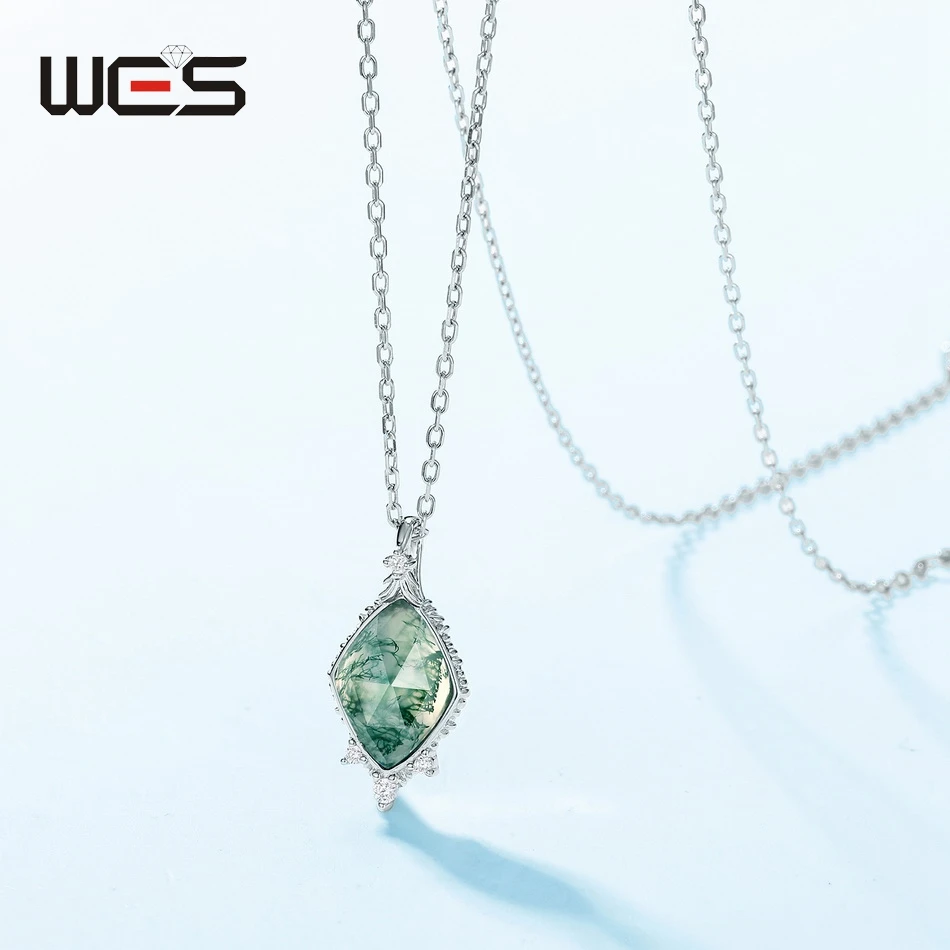 WES 925 Sterling Silver Natural Stone 8*11mm Moss Agate Pendant Necklace for Woman Exquisite Lady Gifts Certified Jewelry