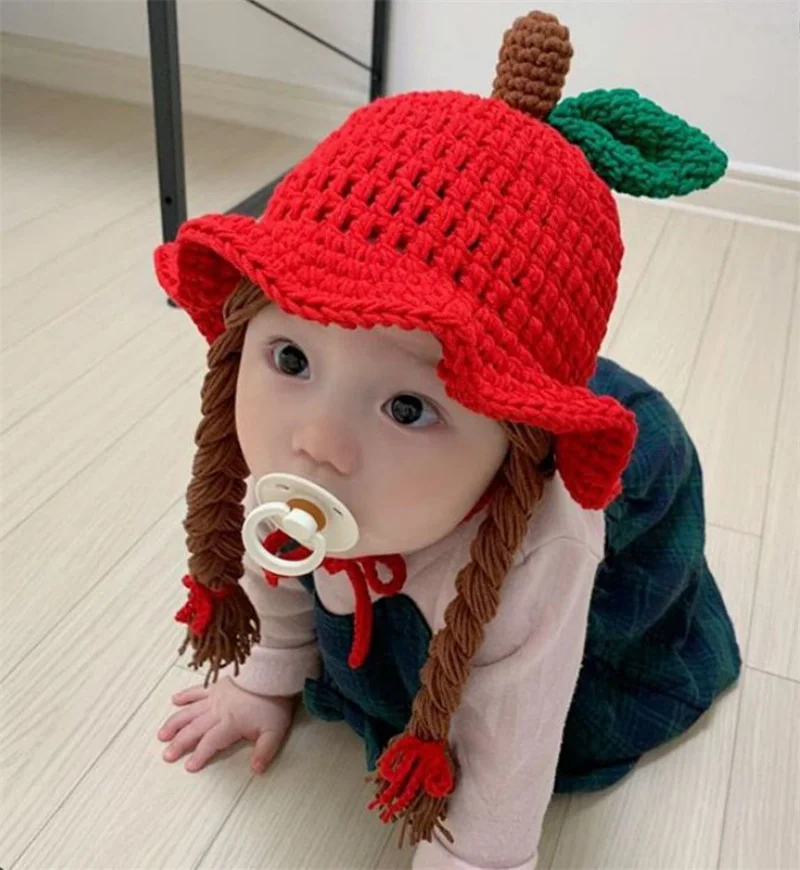 Cute Apple Shape Baby Girl Bucket Hat Cosplay Hair Braid Wig Cap Winter Warm Knitted Children Kids Girls Hats Caps Accessories