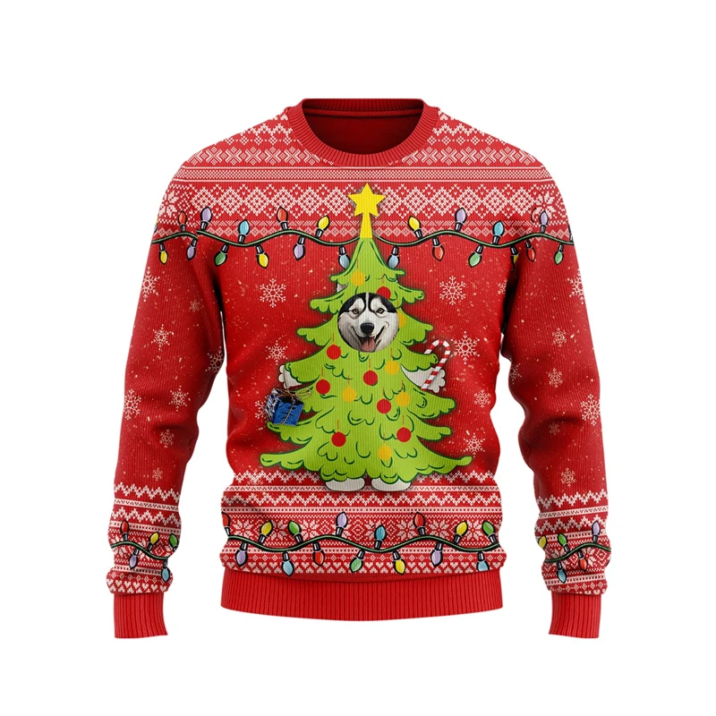 Xmas Dog Ugly Sweater For Women Clothes Funny Pet Labrador Husky Christmas Tree Holiday Crew Neck Sweatshirt Pug Boy Pullovers