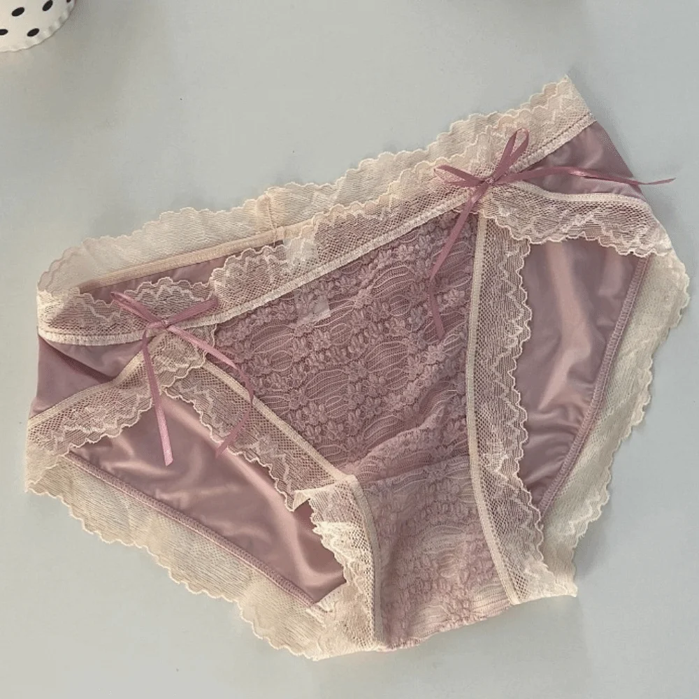 

Sweet Low Waist Lace Panties Bow Ice Silk Underwear for Women Lingerie Mesh Lace Briefs Comfortable
