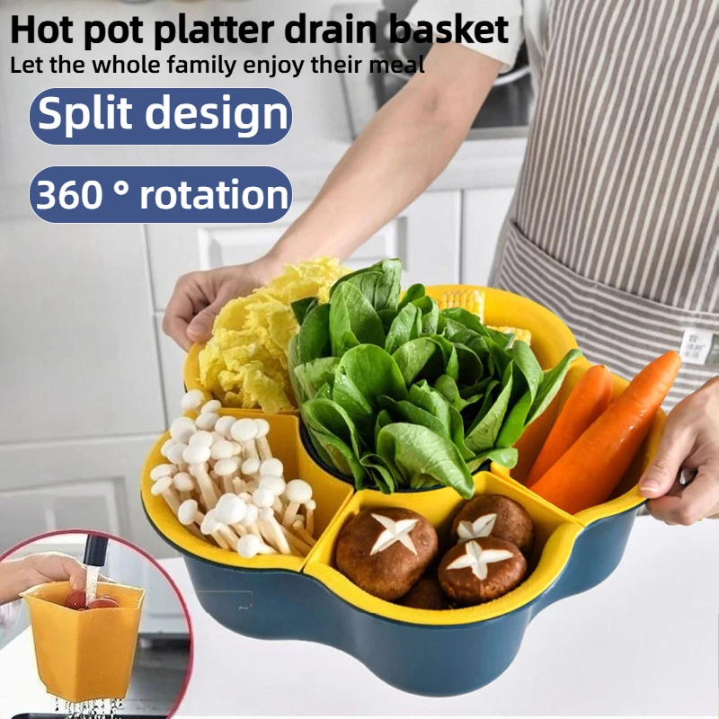 360° Rotating Nine Grid Vegetable Hotpot Platter, 2-Layer Plastic Automatic Drainage, Detachable Fruit and Nut Kitchen Supplies