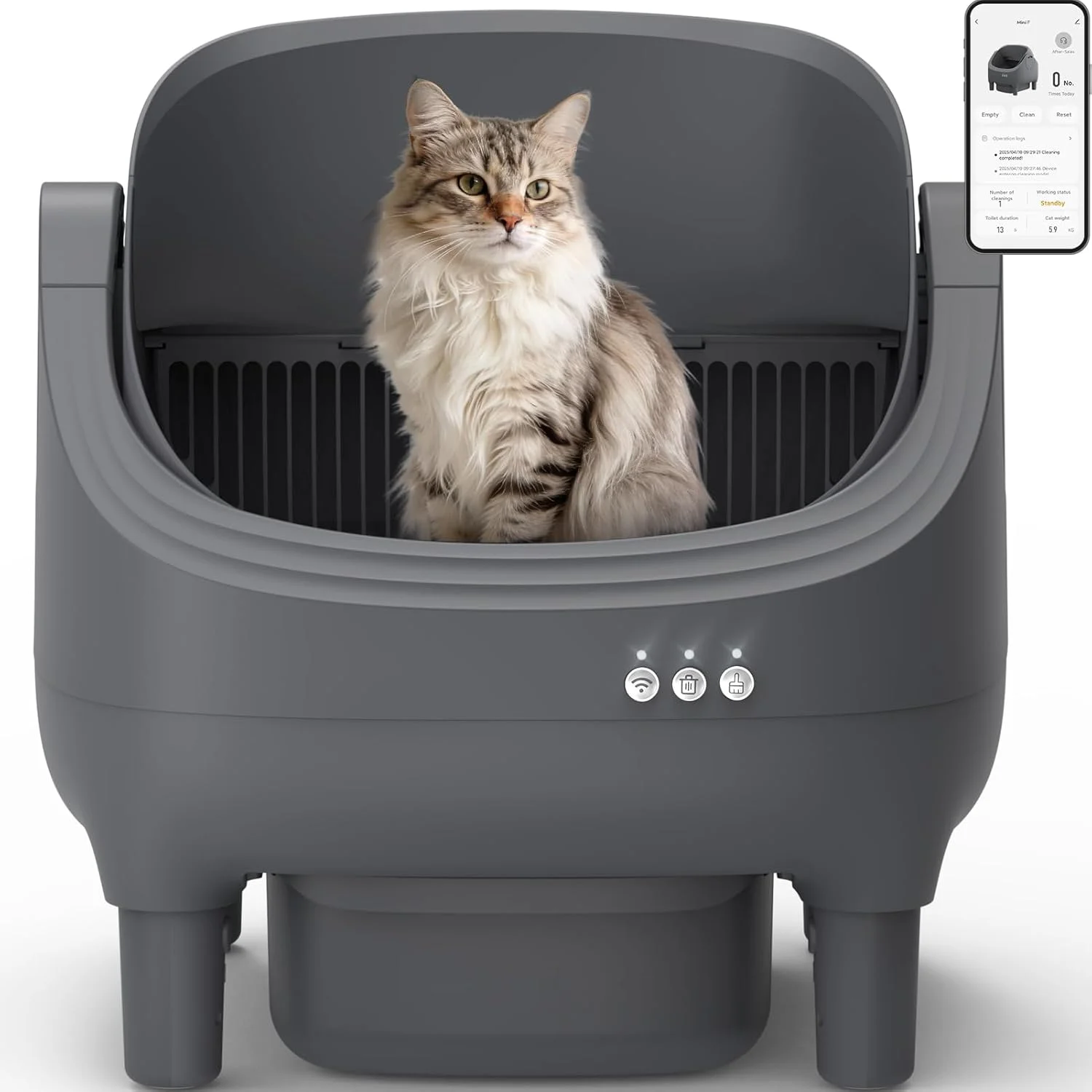 Automatische Selbstreinigende Katzentoilette, APP-Steuerung, Offenes Design, Anti-Klemm-Funktion, Geruchsfrei mit Müllbeuteln, für Mehrere Katzen, Dunkelgrau