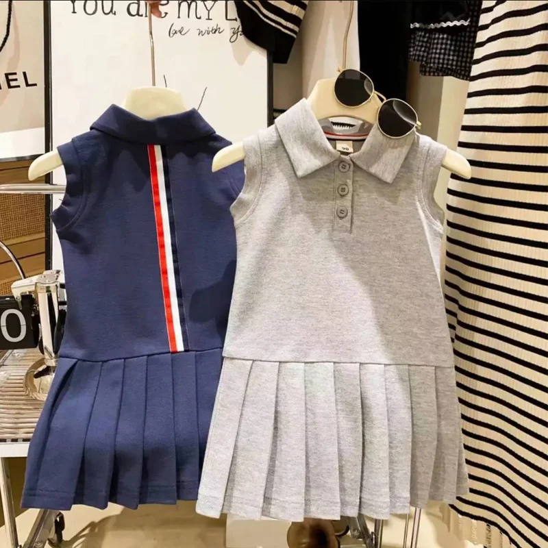 Fashion 2023 Summer Kids Clothes Girls Dress Cute Preppy Style Polo Pleated Dress Baby Girls Sleeveless Casual Dress Cotton