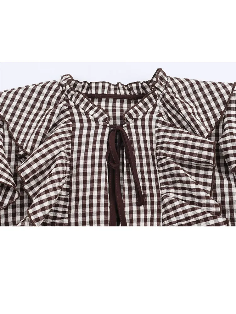 HH mujer 2026 moda Retro suelta versátil cuello redondo a cuadros apilados camisa decorativa mujeres temperamento Casual Top de manga larga