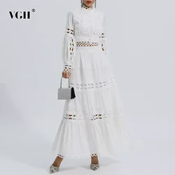 VGH Solid Hollow Out Two Piece Sets For Women Stand Collar Long Sleeve Tops High Waist A Line Skirt Minimalist Loose Set Female