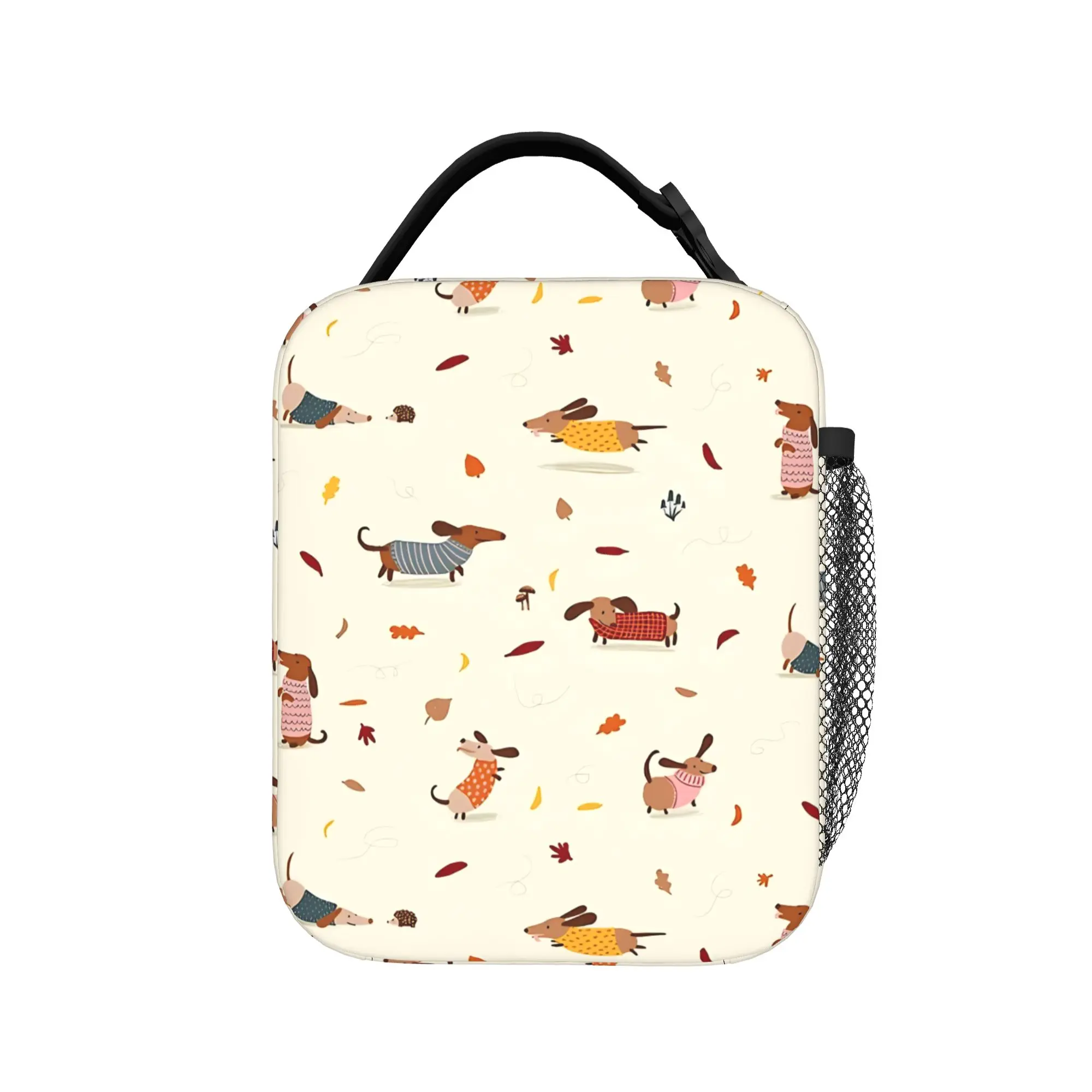 Cute Dachshund in Winter Sweaters with Autumn Leaves Lunch Bag For Child Designer Office Lunch Box Vintage Oxford Cooler Bag