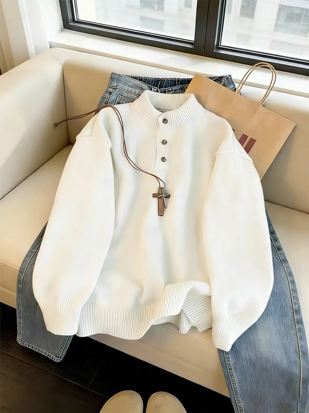 Black Thickened Henry Collar Sweater Men's Winter Inner Wear Knitted Shirt Cleanfit Outerwear Casual Long Sleeve Top