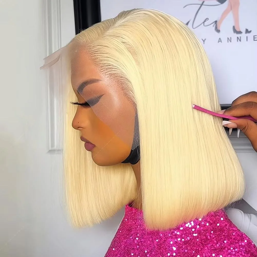 

Блонд парик-боб из натуральных волос 613, парик с кружевной передней частью из натуральных волос, плотность 200%, парик с HD-кружевом 13x4, предварительно вычесанный, короткий прямой парик-боб