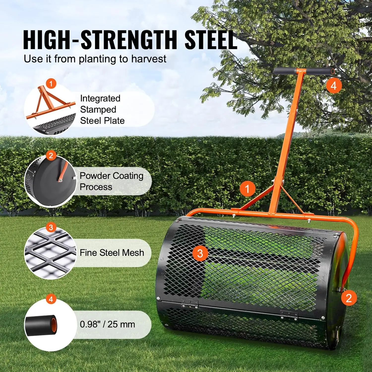 Compost Spreader and Peat Moss Spreader, 24" Push/Tow-Behind Roller Lawn Spreader with Height Adjustable T Shaped Handle