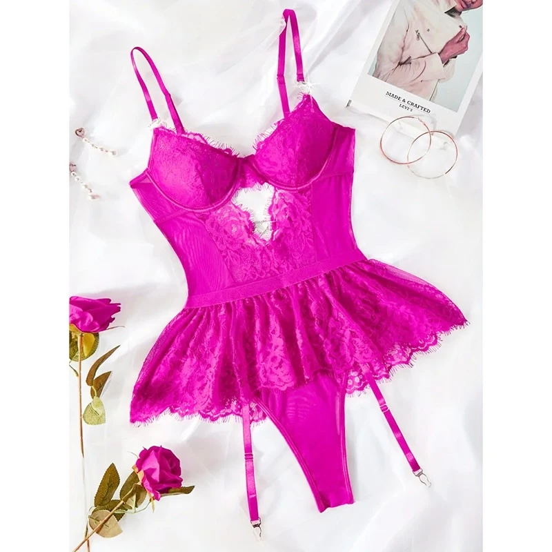 Hot Erotic Lingerie Sets See-Through Lace Underwear Sissy Bra Transparent Bilizna Sexy Costumes Garter Porn Sex Outfit - view 4