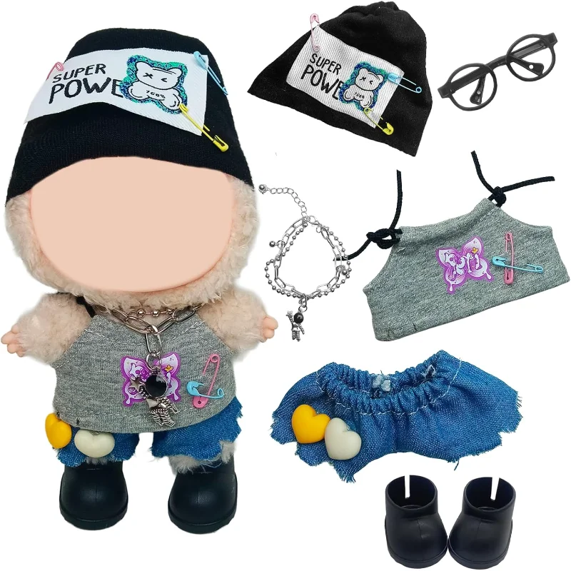 

Pack of 6 Labubu Plush Keychain, Cuddly Toy Clothing Outfit Clothing Accessories with Hats, Tops, Vests, Trousers, Shoes, Glasse