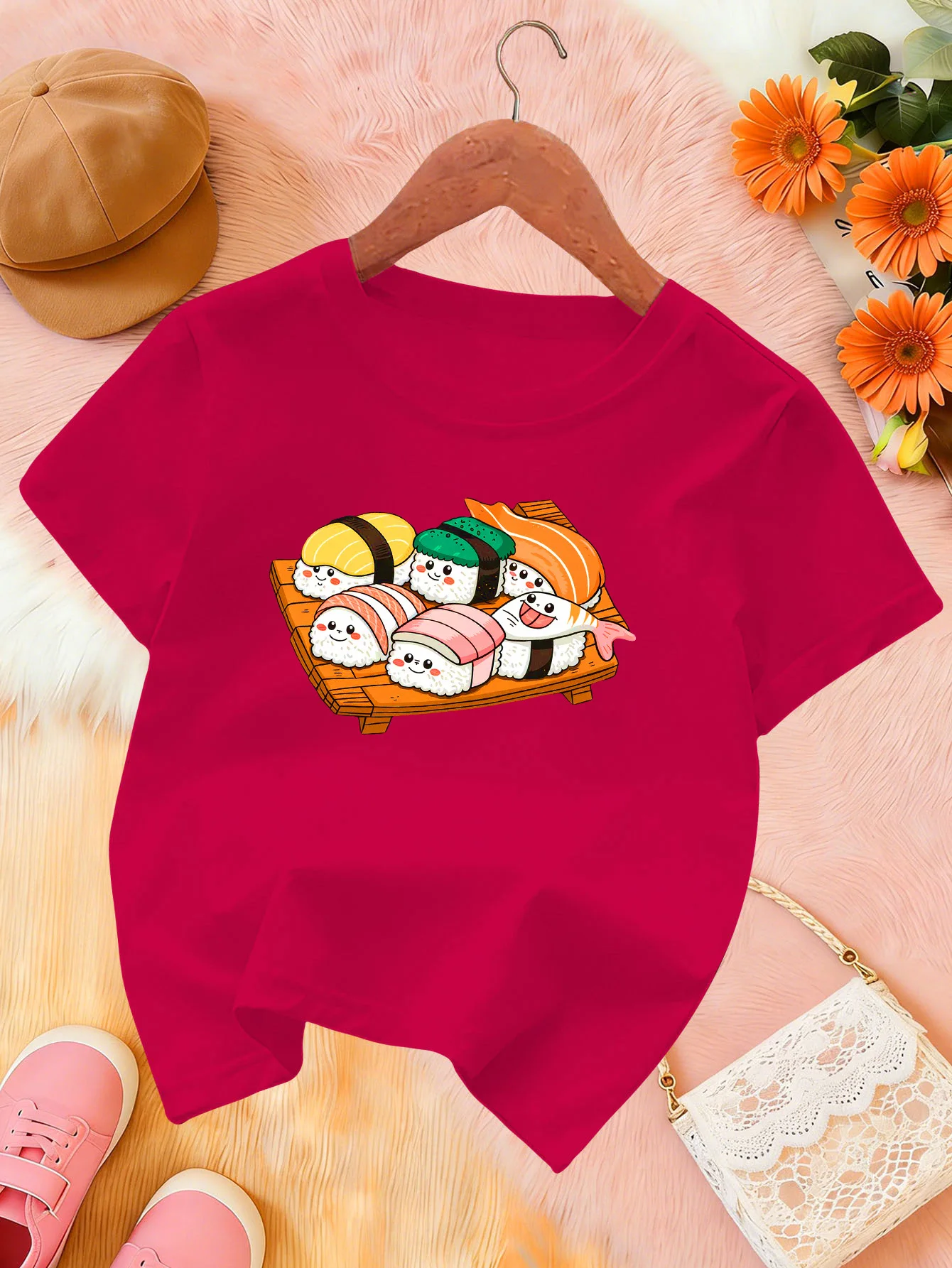 Cute Smiling Sushi Cartoon Japanese Food Print T Shirt Boys Girls Short Sleeve Cotton Family Matching Toddler Daily Casual Tops