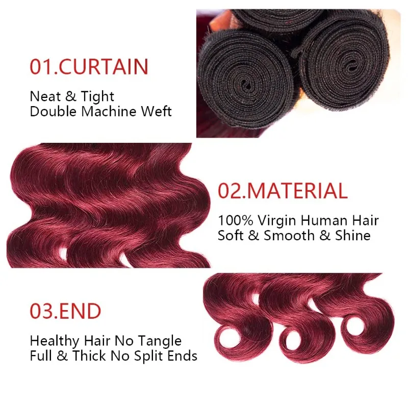 26 Inch Burgundy Body Wave Bundles Ombre Human Hair Bundles 1b/99j Bundle Brazilian Virgin Hair Extensions for Women 100g/Bundle