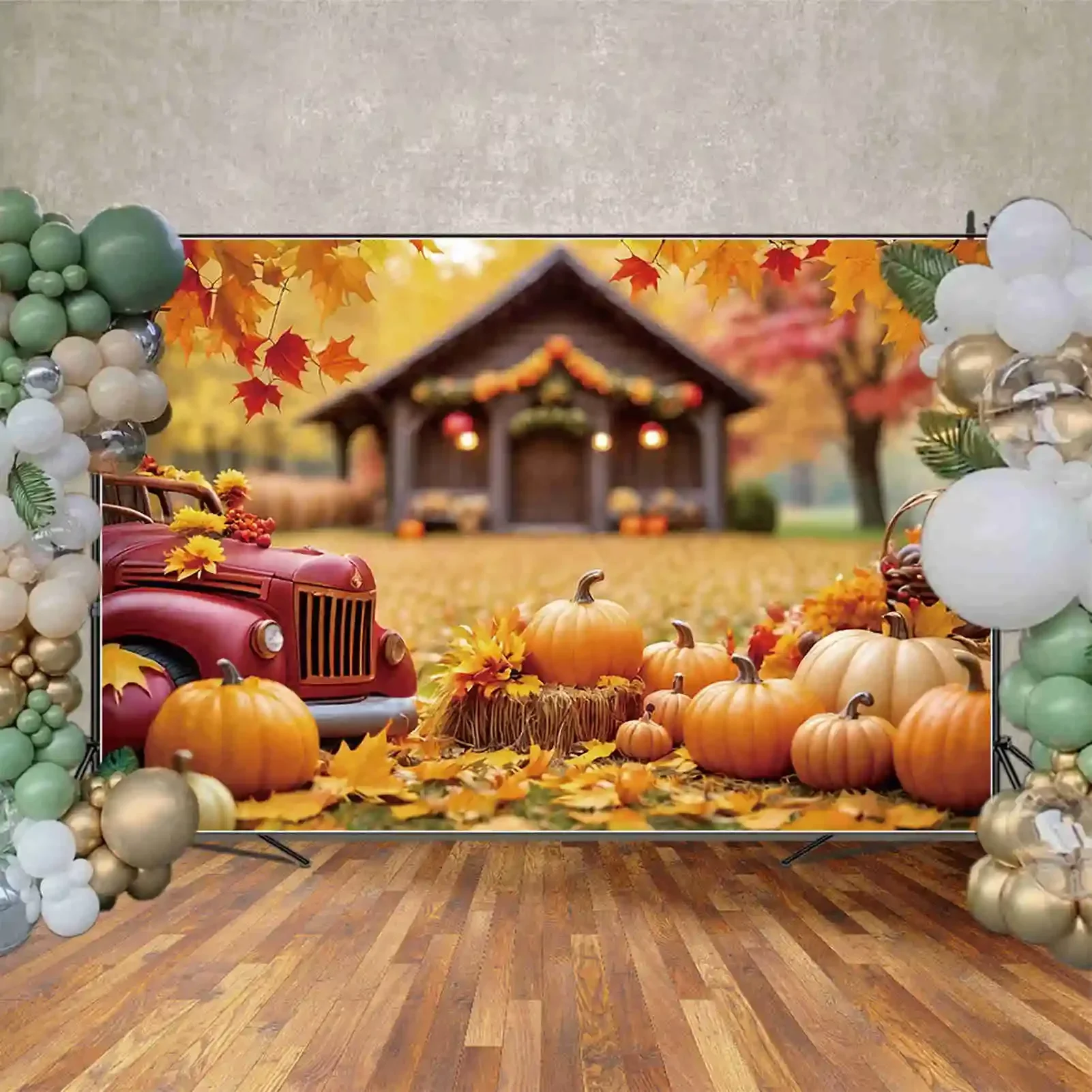 MOON.QG Autumn Harvest Photo Studio Background 2025 Thanksgiving Photography Backdrop Fallen Leaves Farm Truck Pumpkin Back Drop