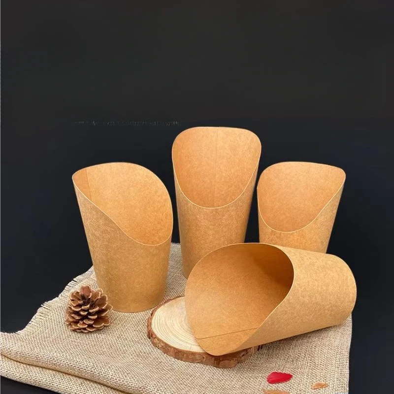 100pcs Food Grade Kraft Paper Cups French Fries Fried Chicken Cake Oil Proof Cup Disposable Slanted Opening Packaging Bucket