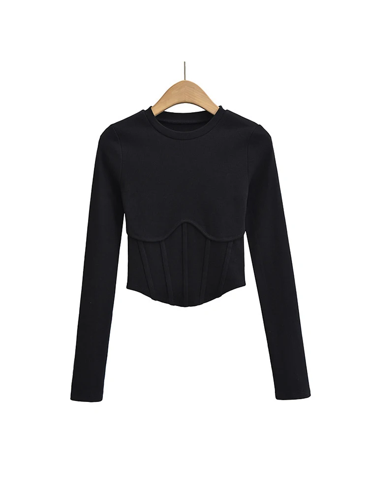 Vintage y2k streetwear white crop tops women long sleeve tees sexy o neck cropped t shirt bright line black tops cute ribbed