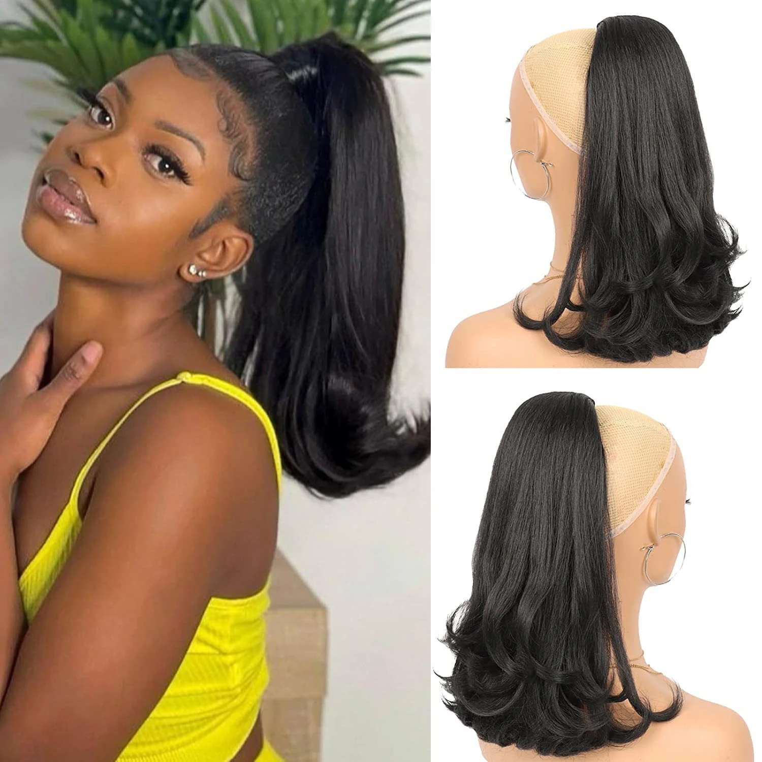 وصلة شعر قصيرة برباط أسود للنساء ذوات البشرة السمراء بطول 14 بوصة ذيل حصان مستقيم مع تجعيد نهاية قطعة شعر صناعية مزيفة