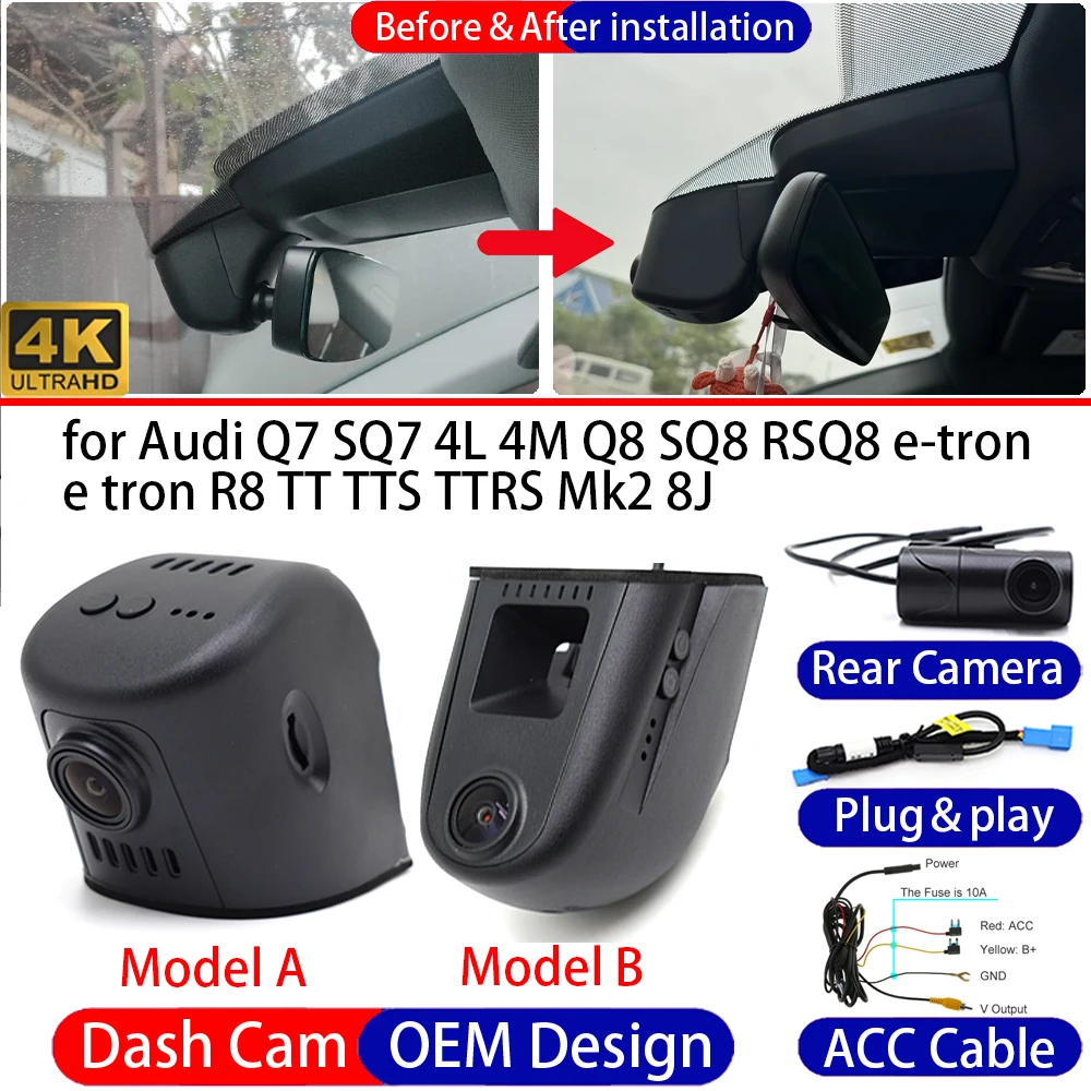 Dash Cam for Audi Q7 SQ7 4L 4M Q8 SQ8 RSQ8 E-Tron E Tron R8 TT TTS TTRS Mk2 Front Rear 4K DVR Driving Recorder Dashboard Camera