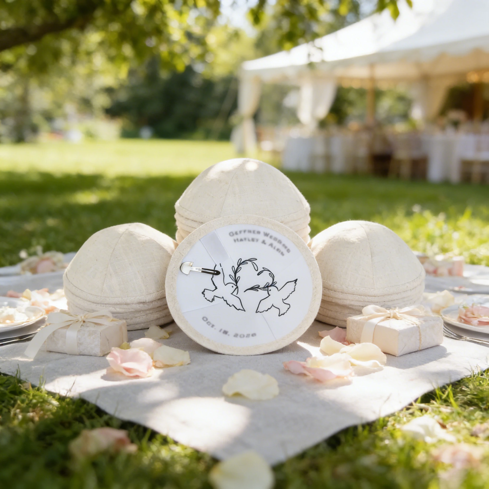 

linen kippah, customizable with digital printing and embroidery. Suitable for weddings and boys' bar mitzvahs.