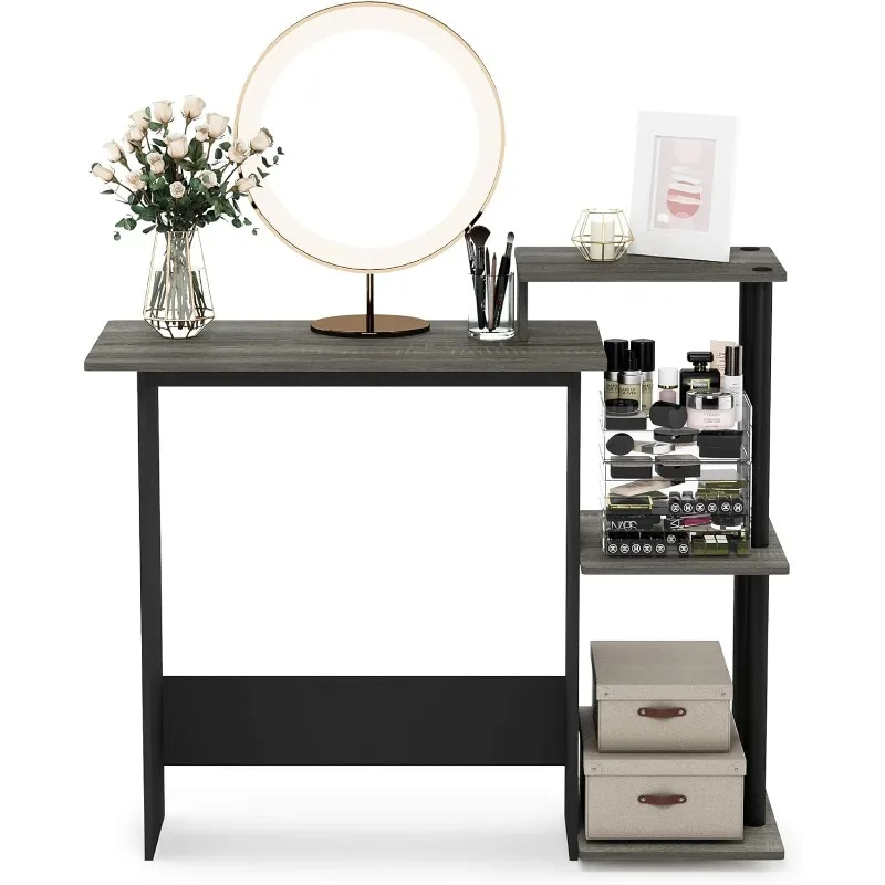 Meja Komputer Notebook Laptop Rumah Efisien dengan Rak Persegi, French Oak/Hitam