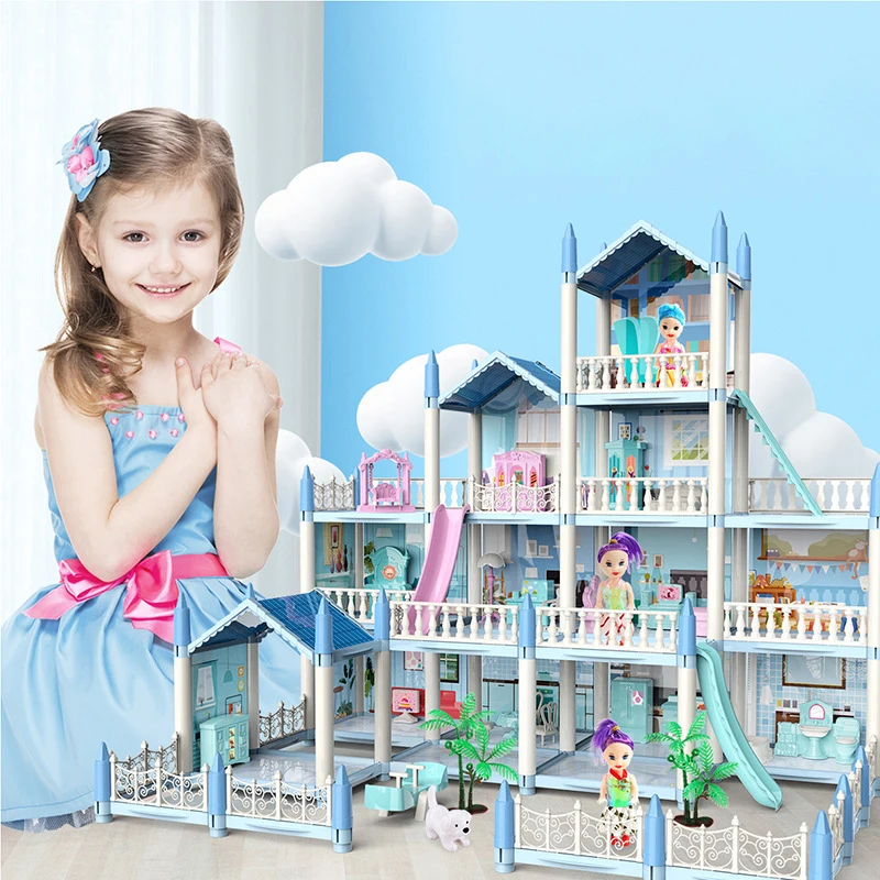 New Diy House Kit Big Dollhouse For Children Bb House Building Doll Furniture Miniature Doll Villas Girls Xmas Gifts Kids Toys