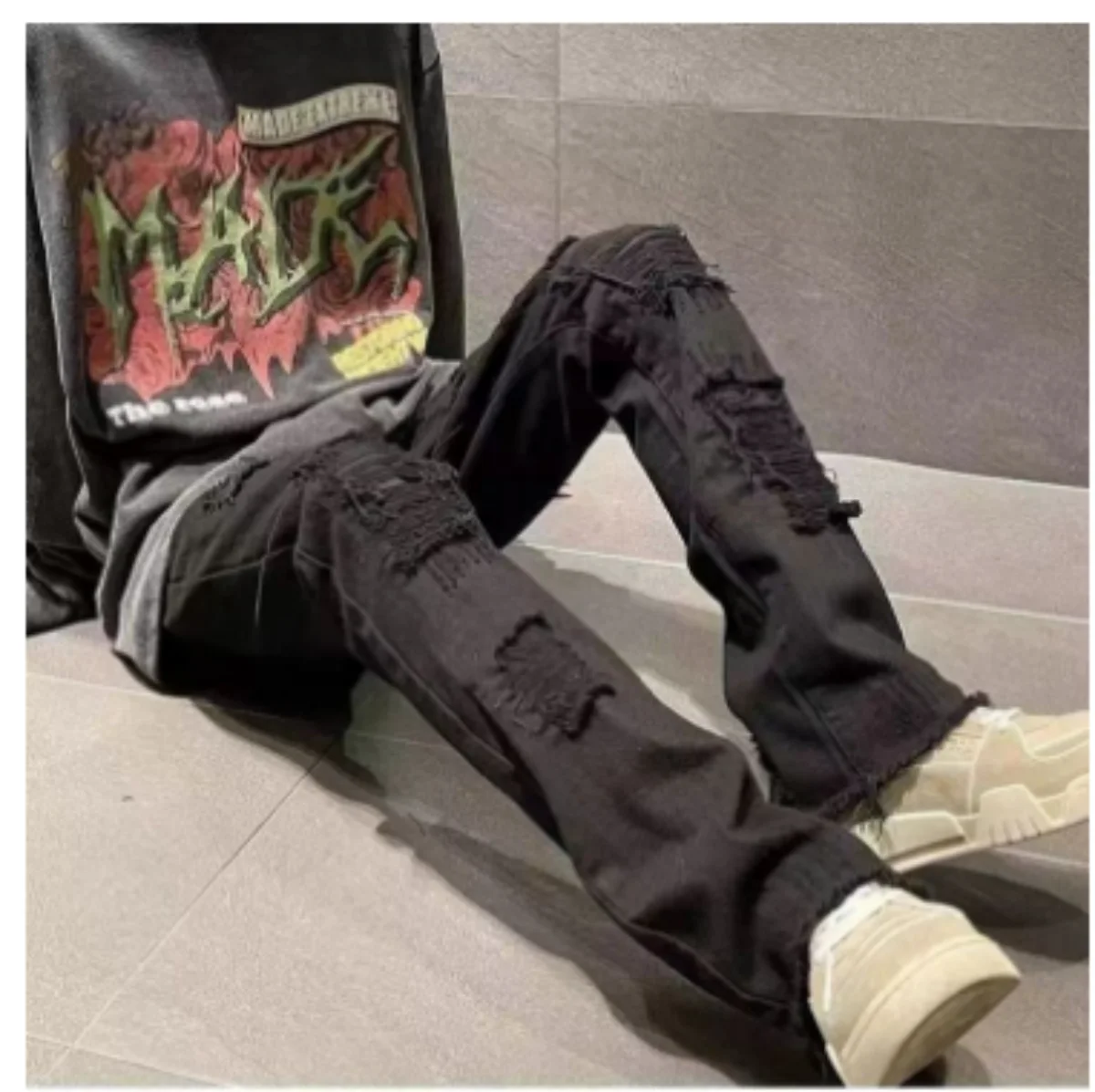 

Men Y2k Stretchy Denim Jeans Ripped Skinny Letter Print Elastic Waist Casual Pants for Men Hole Slim Fit Streetwear Men Trousers