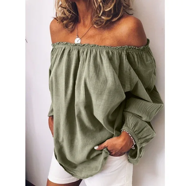 Spring Blouse Long Sleeve Women Casual Solid Color Off Shoulder Women Shirt Dressing Up Elastic Collar Lady Shirt Streetwear