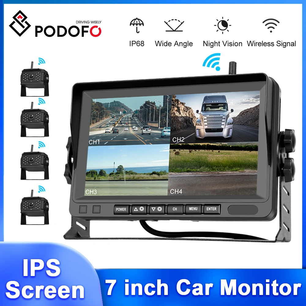 

Podofo 7'' Car DVR 4 Wireless Back-up Camera Reversing Cam Waterproof IP68 Night Vision Loop Recording IPS Screen Car Monitor