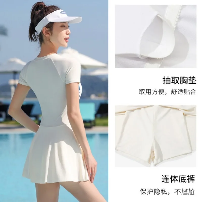 

One-piece Swimsuit Women Skirt Style Short Sleeve Printing High Waist Surfing Clothes Thin Beach Bathing Suits 2024 New