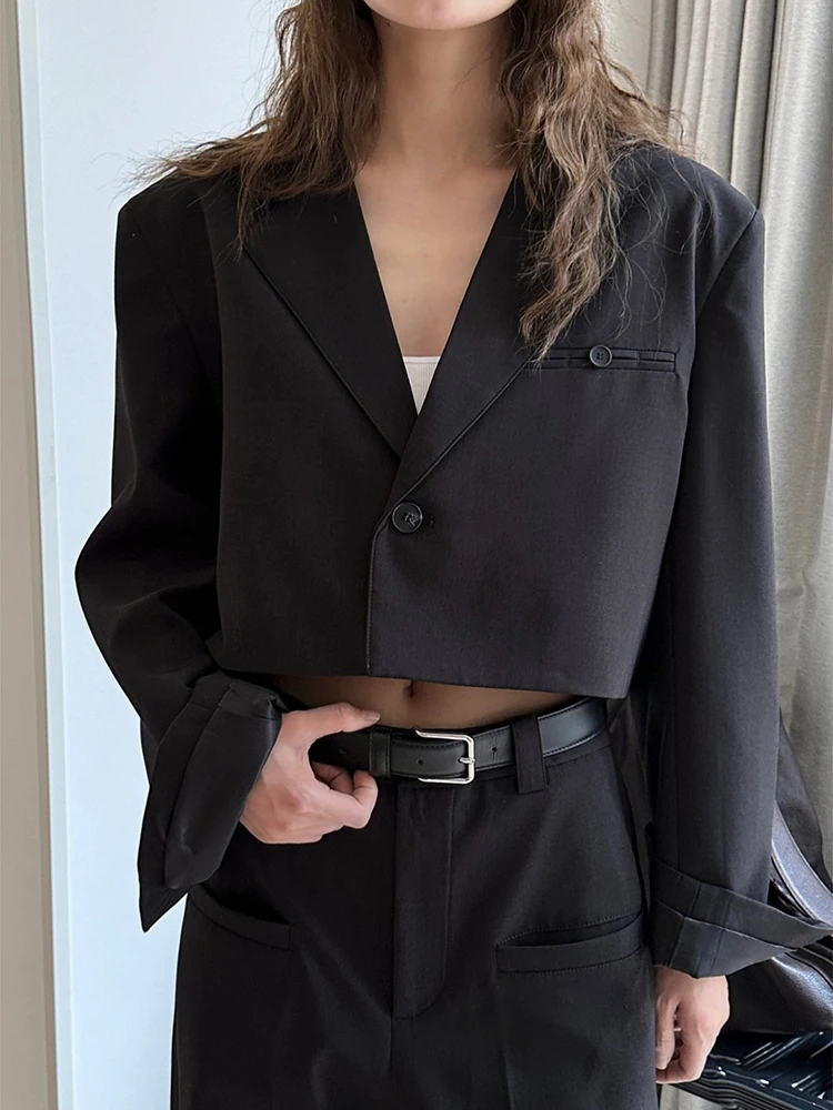 [LANMREM] High Waist Short Blazers For Women Solid Single Button Office Lady Fit Jackets Female Coats 2024 Autumn New 26D8622