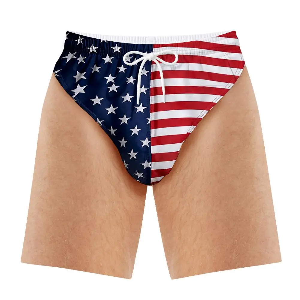 1PCS Fun American Flag 3D Beach Shorts with Fake Underwear Creative Swimming Pants for Men Summer Pool Party Gift