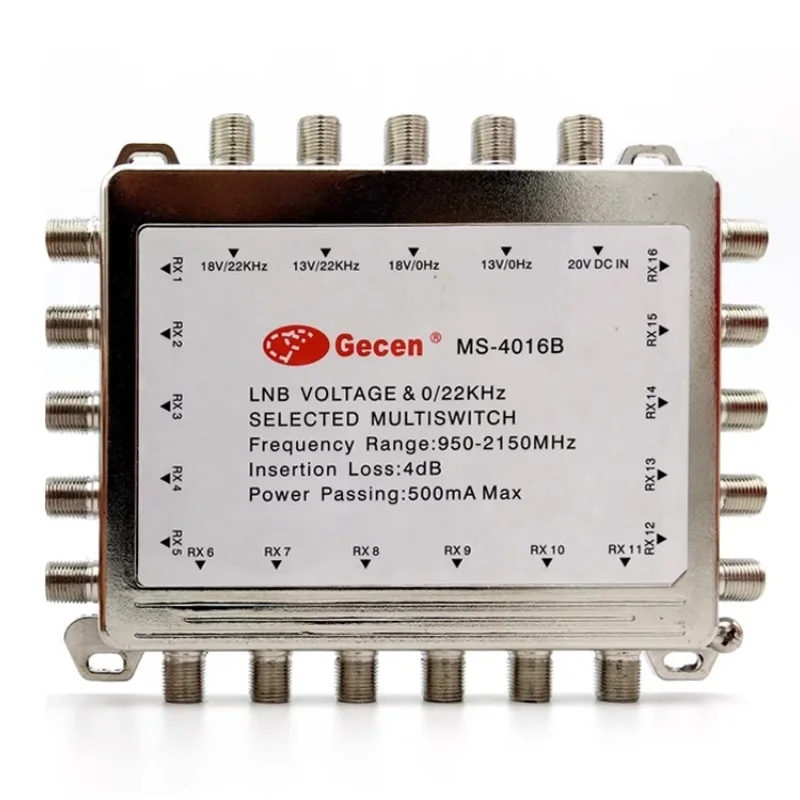 Gecen MS-4016B LNB Voltage & 0/22kHz Selected Multiswitch 4x16 Multi-Channel Signal Switching Switch with 4 Inputs and 16 Output