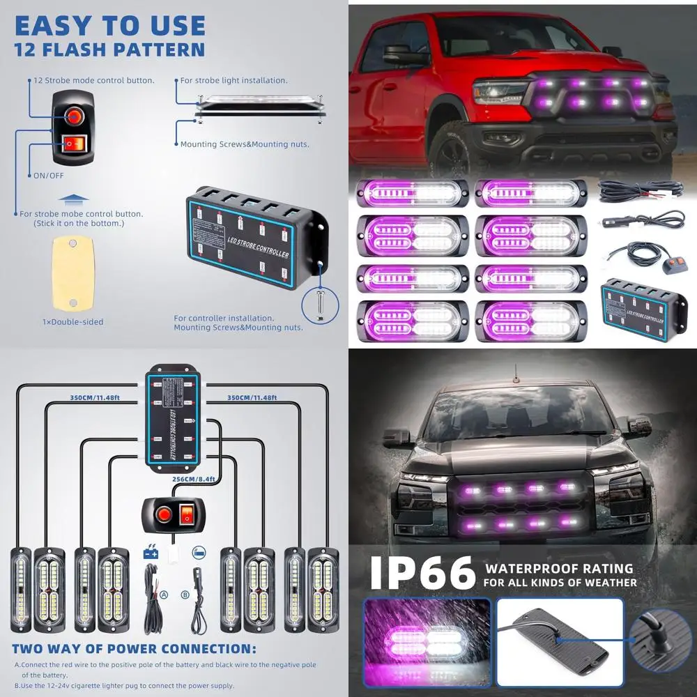 

Ultra Slim LED Emergency Strobe Light Bar with Controller for Firefighters, Construction, Vehicles - Purple/White