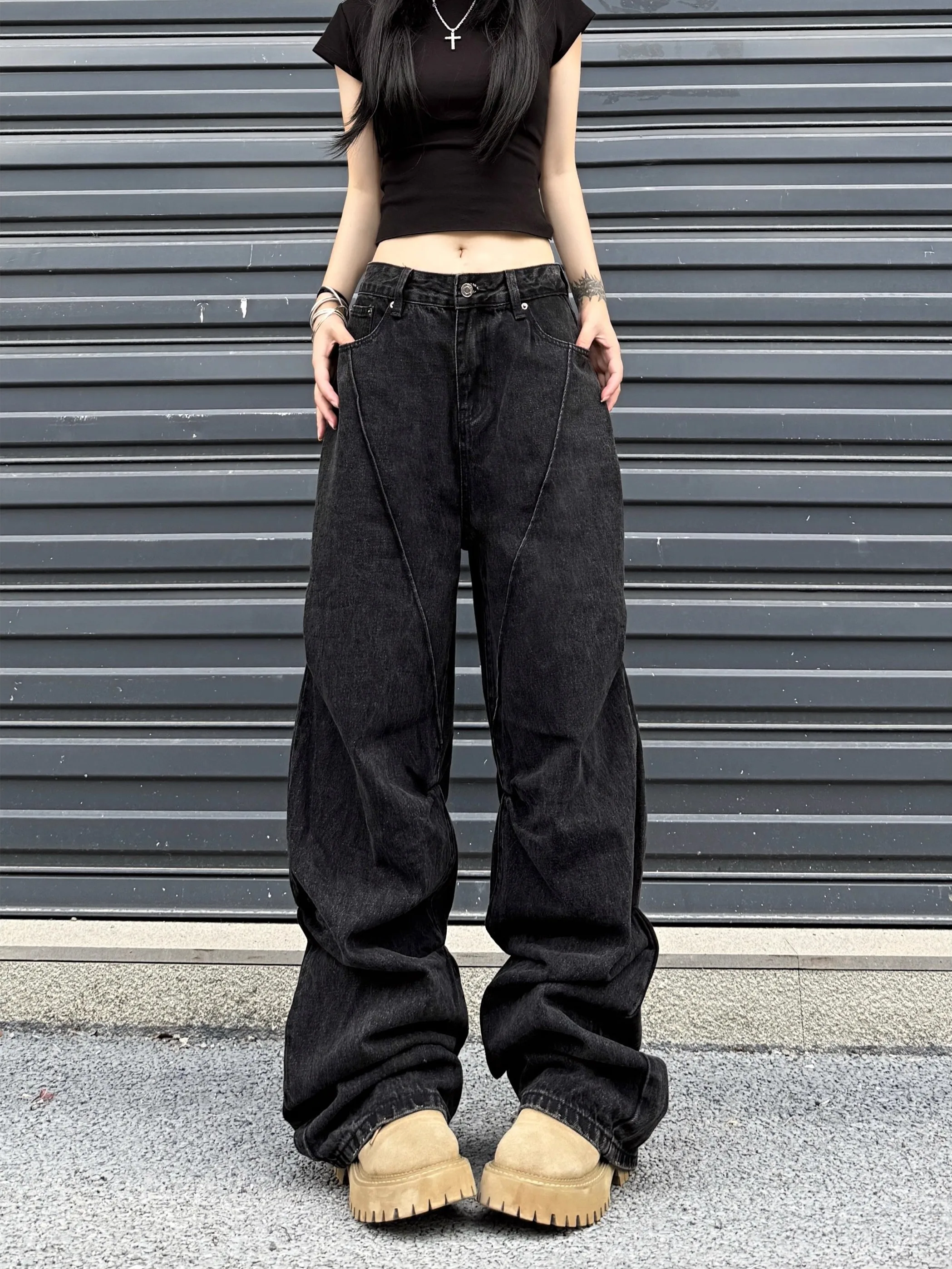 

Американские джинсы с завышенной талией Bla, плиссированные джинсы, мужские свободные прямые длинные брюки в стиле хип-хоп длиной до пола, расклешенные микро-кльош