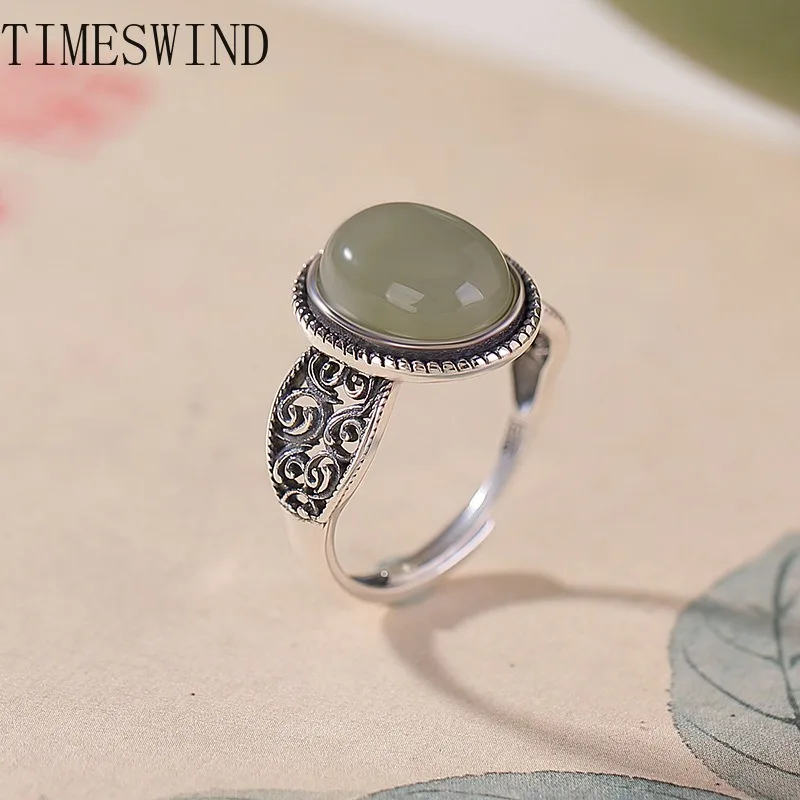 

TIMESWIND Original Jade Natural Green Oval-Shaped S990 Grass Pattern Open Women Ring Fashion Jewelry with Certificate