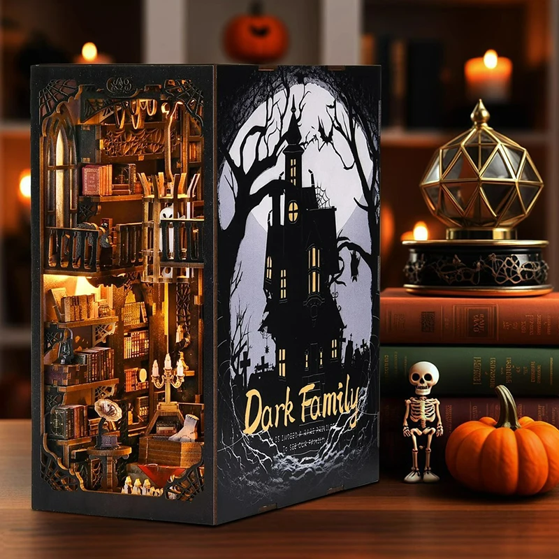 DIY Wooden Bookshelf Dollhouses Book Nook Shelf Insert Miniature Model Kits With Light Bookshelf Bookend Wooden Puzzle Toys Gift