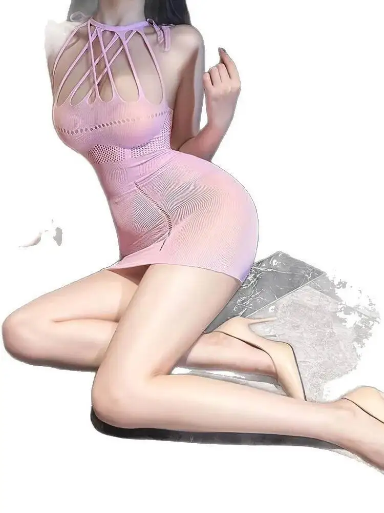 Erotic Hollow Out Mesh Bodycon Dress Elegant Chest-revealing Sexy Pure Desire Solid Color Wrap Hip Dress For Women Charming UTHM
